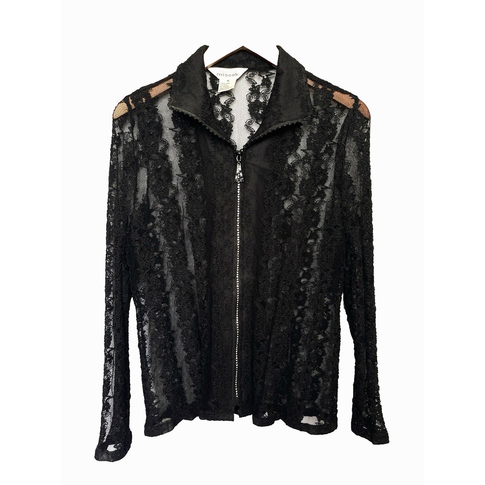 Exclusively Misook Sheer Lace Rhinestone Zip Jacket M Black Y2K Whimsigoth Glam
